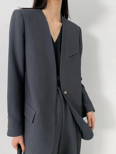 Rudens ir žiemos moteriški kelnių kostiumai Madingi Paprasti komunaliniai V formos iškirptė, vienaeilis laisvas švarkas Harlan kelnių rinkinys