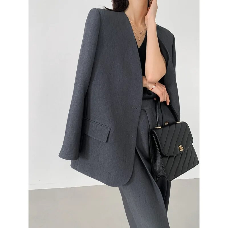 Rudens ir žiemos moteriški kelnių kostiumai Madingi Paprasti komunaliniai V formos iškirptė, vienaeilis laisvas švarkas Harlan kelnių rinkinys