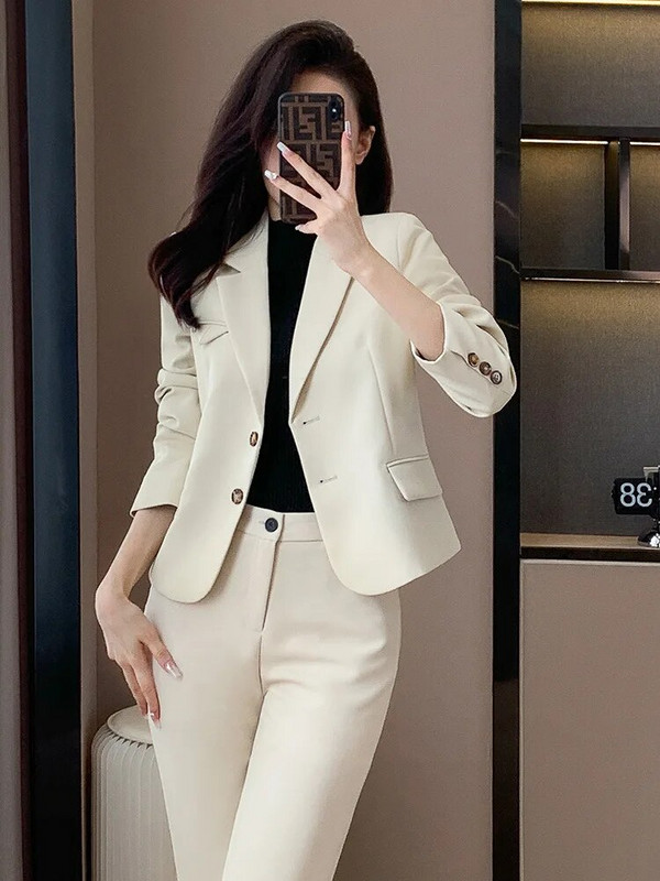 2023 Vintage Ženski sako Kompleti hlača Bijela crna kaki jakna + odijela s hlačama Formalni 2-dijelni setovi Uredska dama Poslovna radna odjeća