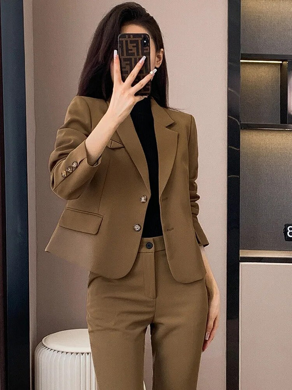 2023 Vintage Ženski sako Kompleti hlača Bijela crna kaki jakna + odijela s hlačama Formalni 2-dijelni setovi Uredska dama Poslovna radna odjeća