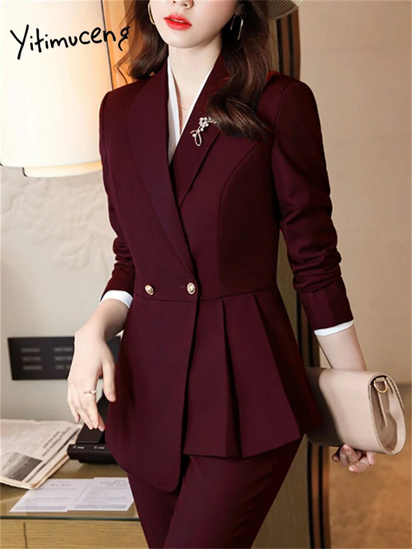 Yitimuceng asimetrična odijela za žene 2023. Nova modna uredska odijela za dame s dva gumba i ovratnikom na spušteni ovratnik Sako s hlačama visokog struka