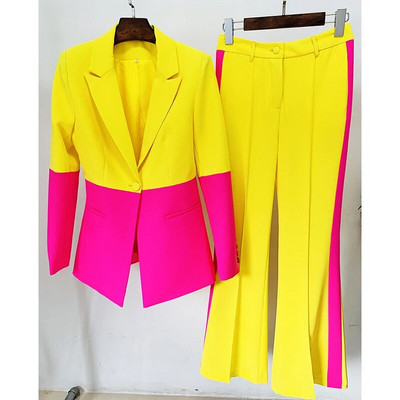 Bleizera bikšu uzvalks Divdaļīgs Biroja sieviešu sieviešu uzvalks Krāsu atbilstība Biznesa vienai pogai Paplašinātas bikses Blazerbikses Svinīgs uzvalks