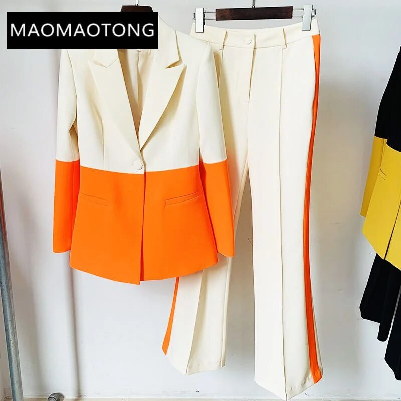 Bleizera bikšu uzvalks Divdaļīgs Biroja sieviešu sieviešu uzvalks Krāsu atbilstība Biznesa vienai pogai Paplašinātas bikses Blazerbikses Svinīgs uzvalks