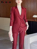 Fotvotee Crveno ljubičasta crna odijela s hlačama Ženska jesen zima 2023. Nova uredska ženska svečana jakna i komplet hlača od 2 komada