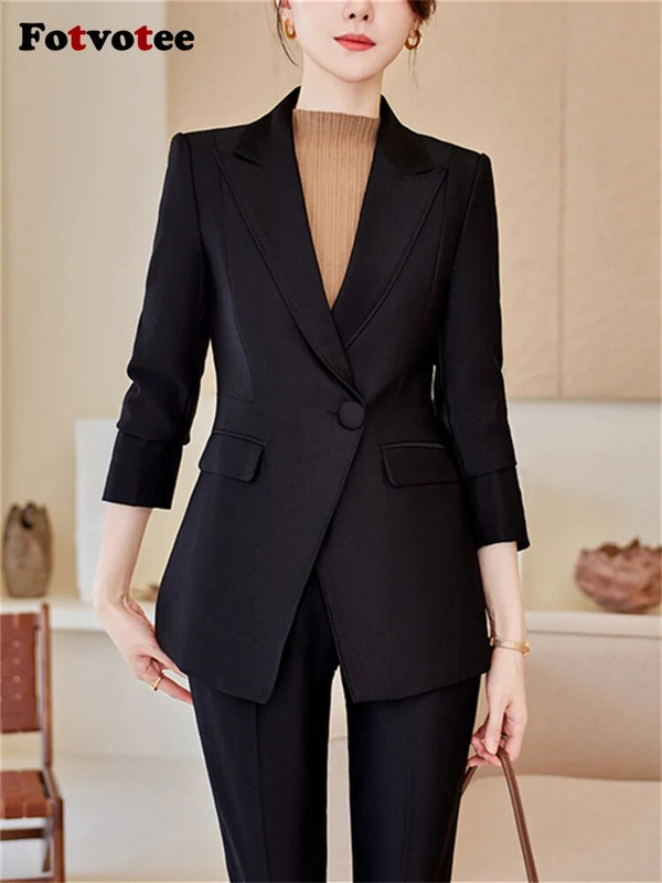 Fotvotee Crveno ljubičasta crna odijela s hlačama Ženska jesen zima 2023. Nova uredska ženska svečana jakna i komplet hlača od 2 komada