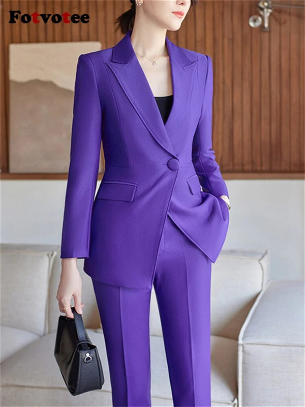 Fotvotee Crveno ljubičasta crna odijela s hlačama Ženska jesen zima 2023. Nova uredska ženska svečana jakna i komplet hlača od 2 komada