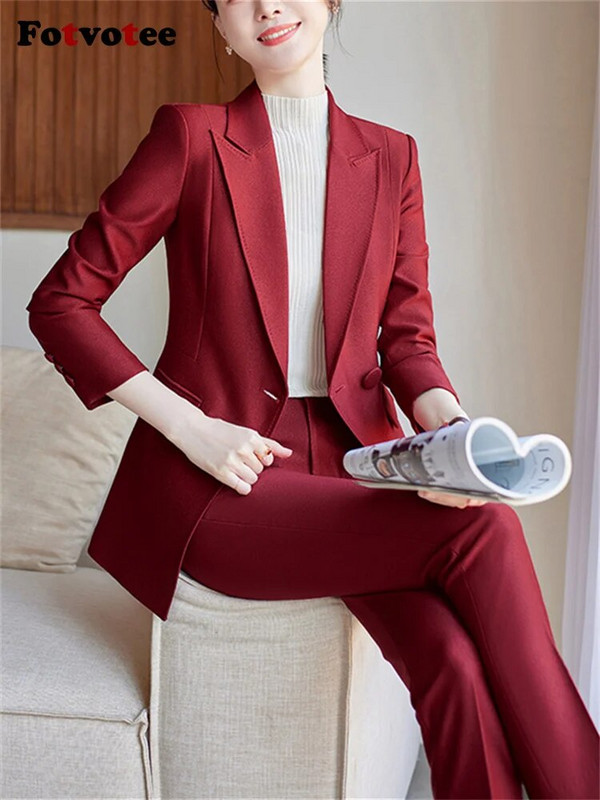 Fotvotee Crveno ljubičasta crna odijela s hlačama Ženska jesen zima 2023. Nova uredska ženska svečana jakna i komplet hlača od 2 komada