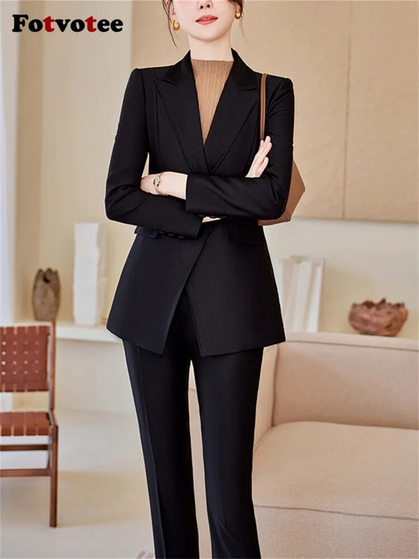 Fotvotee Crveno ljubičasta crna odijela s hlačama Ženska jesen zima 2023. Nova uredska ženska svečana jakna i komplet hlača od 2 komada