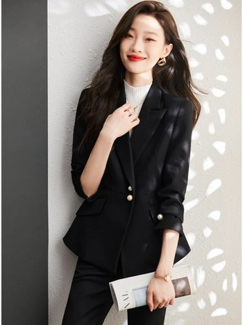 Κορεατική έκδοση του κοστούμι γραφείου Casual Career Γυναικείο φθινοπωρινό μακρυμάνικο σακάκι με διπλό στήθος + κοστούμι μόδας παντελόνι με φαρδύ πόδι