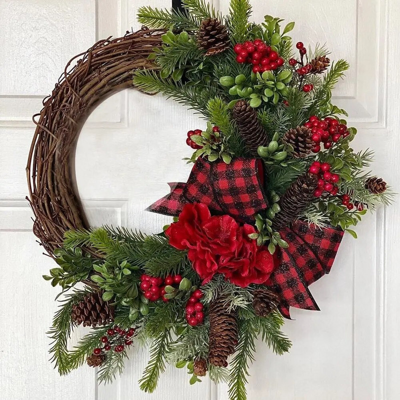 1 kom Umjetna božićna grana crvenih bobica Snježna pahuljica Borove iglice Grane češera za Božić Nabavka DIY vijenca Noel Decoratons