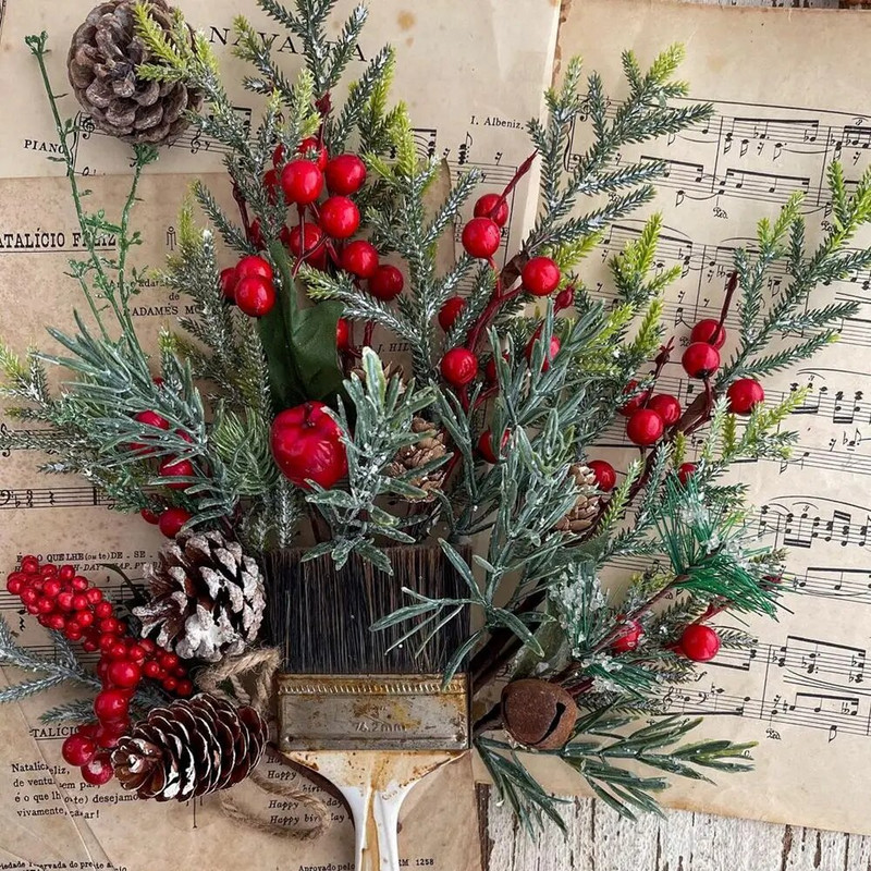 1 kom Umjetna božićna grana crvenih bobica Snježna pahuljica Borove iglice Grane češera za Božić Nabavka DIY vijenca Noel Decoratons