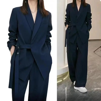 Women`s Spring Autumn New Casual Suit Jacket Matching Set Korean Elegant Loose Blazers Wide Leg Pants Two Piece Female Clothing