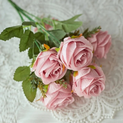 Umjetno cvijeće Svilene ruže Visokokvalitetni bijeli buket ružičastog cvijeća za festival vjenčanja DIY Poklon 6 velikih glava Uređenje doma