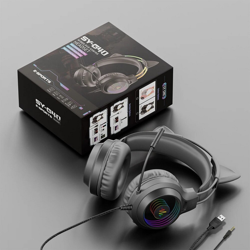 1PCS Profesionālas LED Cat Ear Esports Austiņas Datora datorspēļu studentu austiņas ar galvu ar mikrofonu Vadu Spēļu austiņas