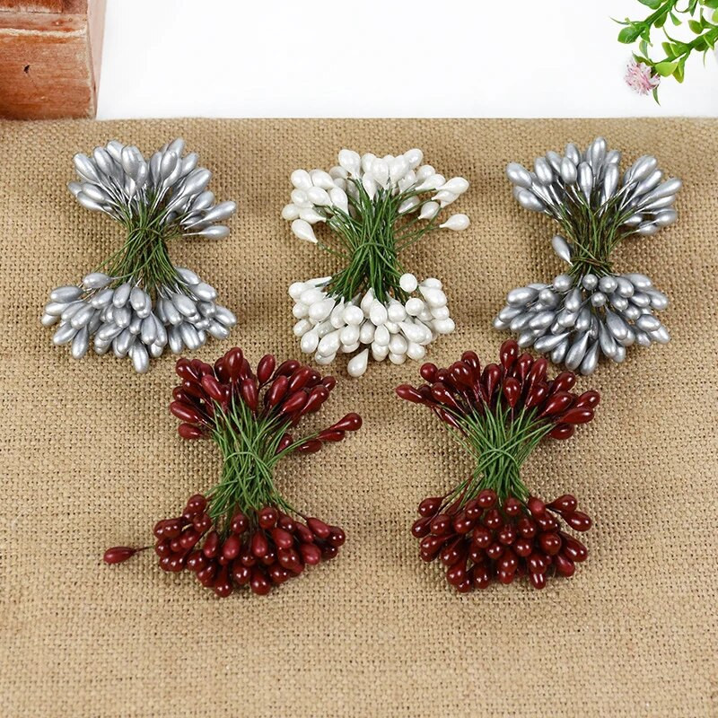 50db Mesterséges Bogyók Arany Ezüst Cseresznye Porzó Mini Hamis virágok Barkács koszorú Esküvői parti dekorációs kellékek