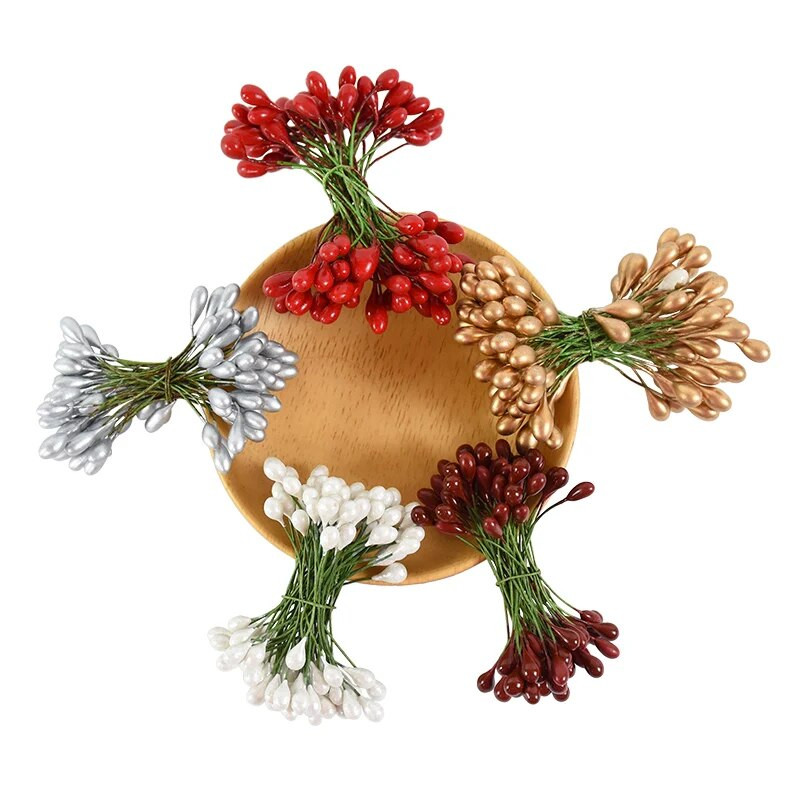 50db Mesterséges Bogyók Arany Ezüst Cseresznye Porzó Mini Hamis virágok Barkács koszorú Esküvői parti dekorációs kellékek