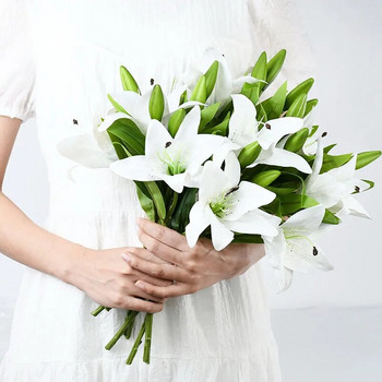 5τμχ 38cm Λευκός κρίνος Τεχνητά Λουλούδια Πάρτι Γάμου Νυφική ανθοδέσμη Ψεύτικο φυτό για Σαλόνι Διακόσμηση κήπου σπιτιού Πραγματική πινελιά