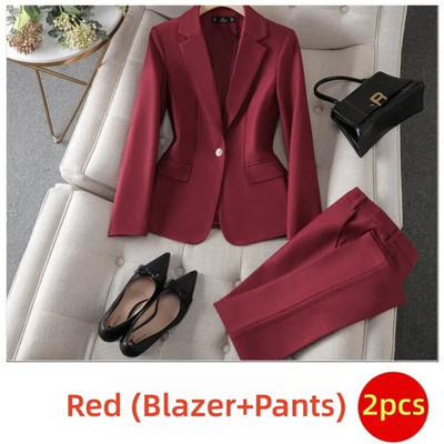 Elegantni ženski set od 2 dijela, crveni kaki, crni, plavi sako i hlače, uredska dama, novo u odgovarajućim grupama odijela za jesen-zimu 2023.