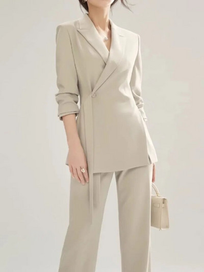 Jauni biroja dāmu solīdi sieviešu kostīmi, 2 dab. šiks, garām piedurknēm, žakete ar augstu vidukli, taisnas bikses vintage komplekti, sieviešu modes apģērbi