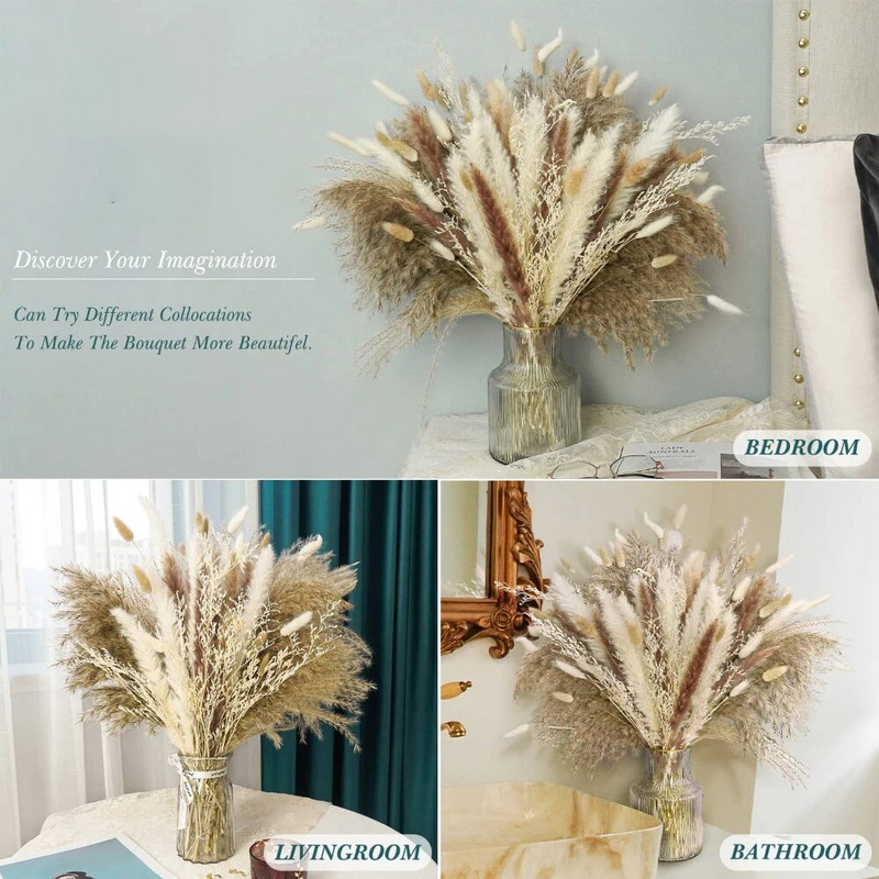Pampas Grass Decor Boho Namų dekoro Puokštė Natūralios pūkuotos džiovintos gėlės vestuvėms Gėlių kompozicijos Siena Sodyba Stalas Gruodžio mėn.