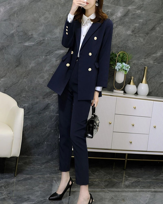 Ženska tamnoplava jednobojna odijela Jakna Hlače Žensko žensko odijelo Svečani set Poslovna radna odjeća Blejzer i hlače 2 komada