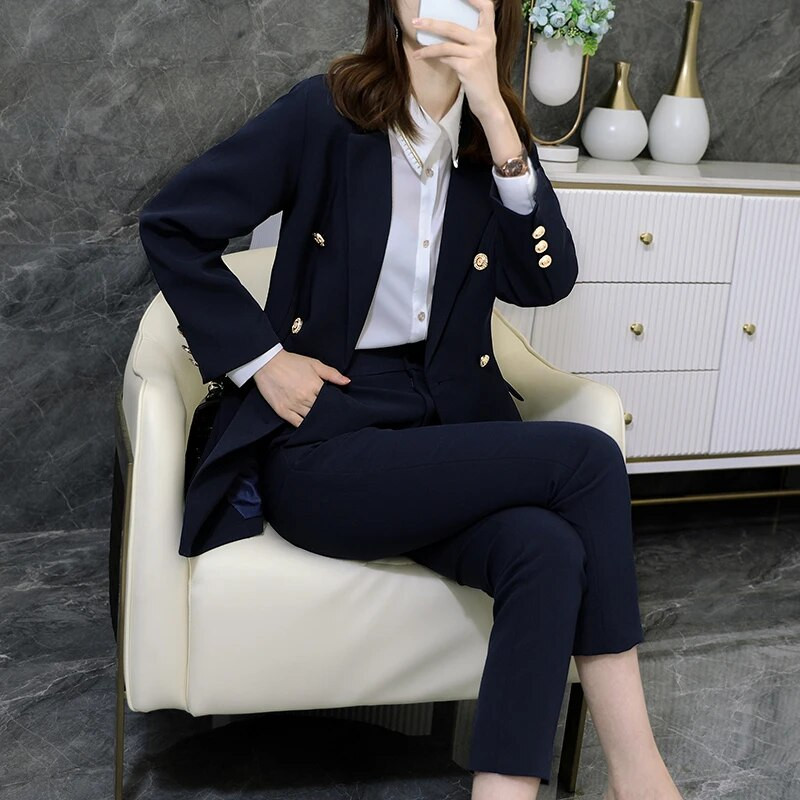Ženska tamnoplava jednobojna odijela Jakna Hlače Žensko žensko odijelo Svečani set Poslovna radna odjeća Blejzer i hlače 2 komada