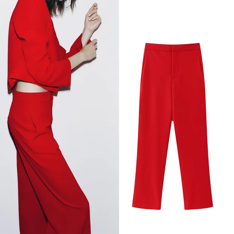 Naiste ülikond, stereolõikeline bleiser, kevadine sügis, punased sirged püksid, moerõivad 2023.