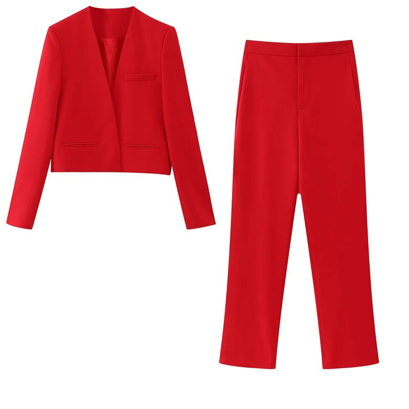 Naiste ülikond, stereolõikeline bleiser, kevadine sügis, punased sirged püksid, moerõivad 2023.