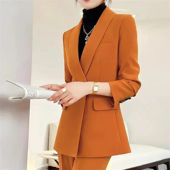 Μόδα σάλι γιακά πορτοκαλί κοστούμι 2023 Ανοιξιάτικη ιδιοσυγκρασία Casual επαγγελματικά γυναικεία ρούχα 2 τεμάχια Σετ σακάκι και παντελόνι Z501