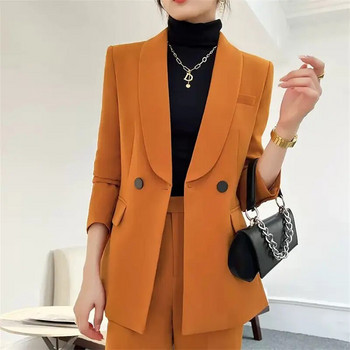 Μόδα σάλι γιακά πορτοκαλί κοστούμι 2023 Ανοιξιάτικη ιδιοσυγκρασία Casual επαγγελματικά γυναικεία ρούχα 2 τεμάχια Σετ σακάκι και παντελόνι Z501