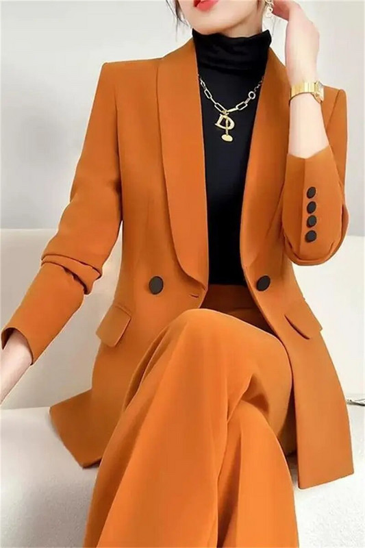 Modno narančasto odijelo sa šal ovratnikom 2023. Proljetni temperament Ležerna profesionalna ženska odjeća Komplet od 2 komada sakoa i hlača Z501