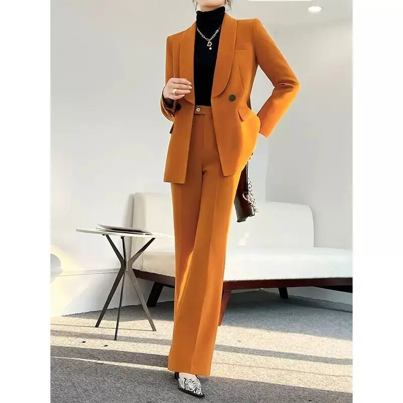 Modno narančasto odijelo sa šal ovratnikom 2023. Proljetni temperament Ležerna profesionalna ženska odjeća Komplet od 2 komada sakoa i hlača Z501