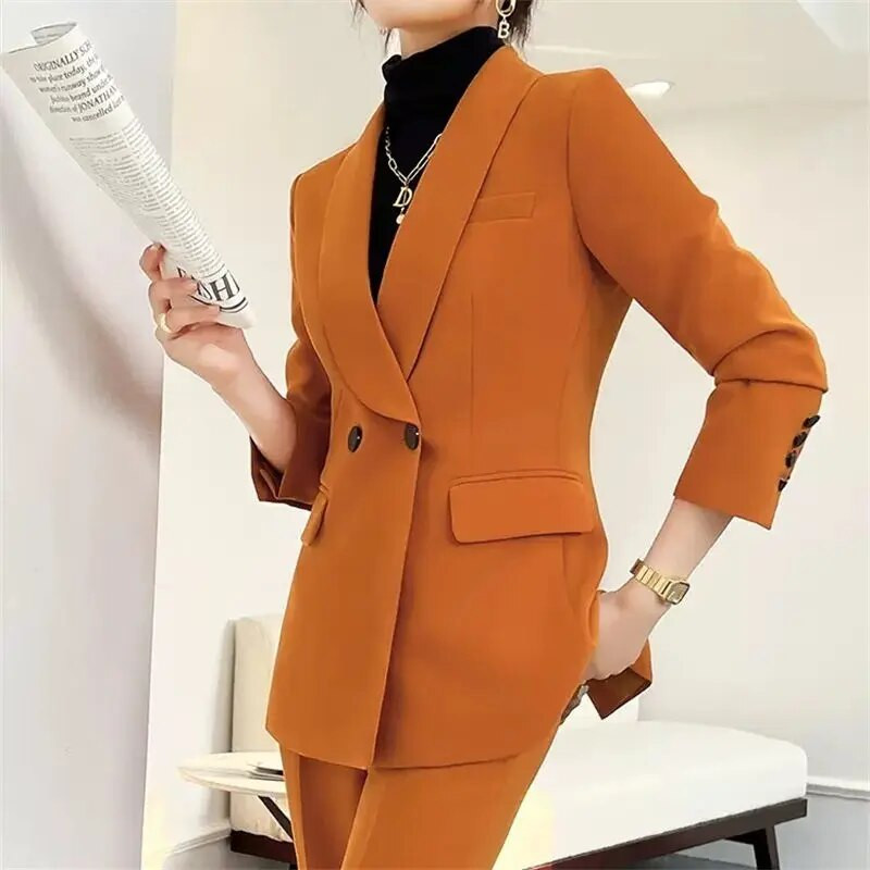 Modno narančasto odijelo sa šal ovratnikom 2023. Proljetni temperament Ležerna profesionalna ženska odjeća Komplet od 2 komada sakoa i hlača Z501