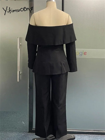 Yitimuceng Γυναικεία Σετ Γυναικεία Δύο Τεμάχια Γυναικεία Κοστούμια 2023 Slash Neck Off Shoulder Μασίφ blazer Ψηλόμεση Casual κοστούμια παντελονιού