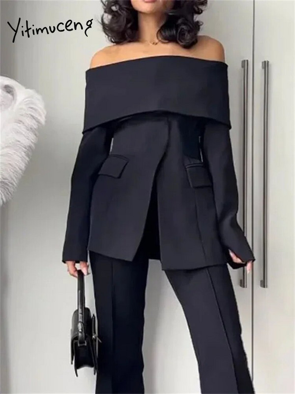 Yitimuceng irodai női kétrészes szettek, női ruhák, 2023-as vállra vágott masszív blézer, magas derekú alkalmi nadrágkosztümök