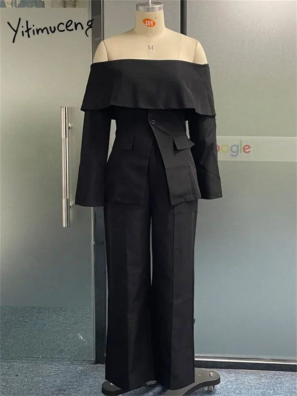 Yitimuceng irodai női kétrészes szettek, női ruhák, 2023-as vállra vágott masszív blézer, magas derekú alkalmi nadrágkosztümök