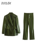 Traf kompleti hlača za žene PU sako odijelo Modni dvodijelni setovi za žene od umjetne kože Odjevne kombinacije za uredske dame Ženski balzer setovi