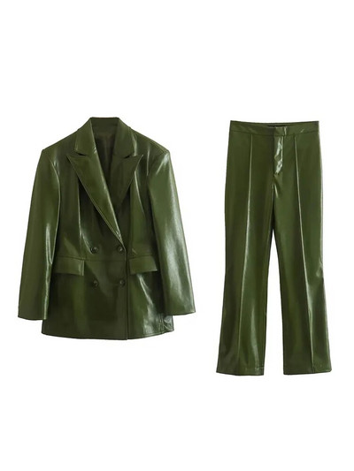 Traf kompleti hlača za žene PU sako odijelo Modni dvodijelni setovi za žene od umjetne kože Odjevne kombinacije za uredske dame Ženski balzer setovi