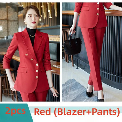 Elegantiški moteriški oficialūs 2 dalių rinkiniai 2023 m. rudens, žiemos raudona, žalia, juoda švarko ir kelnių kostiumai biuro moteriškos darbo verslo kelnių rinkinys