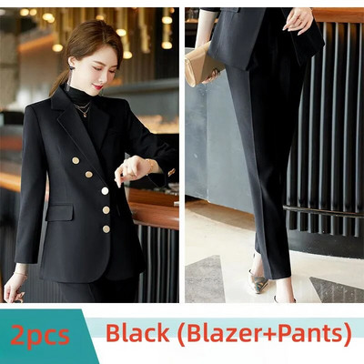 Elegantiški moteriški oficialūs 2 dalių rinkiniai 2023 m. rudens, žiemos raudona, žalia, juoda švarko ir kelnių kostiumai biuro moteriškos darbo verslo kelnių rinkinys