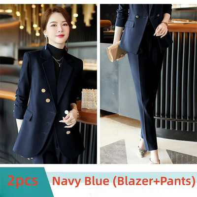 Elegantiški moteriški oficialūs 2 dalių rinkiniai 2023 m. rudens, žiemos raudona, žalia, juoda švarko ir kelnių kostiumai biuro moteriškos darbo verslo kelnių rinkinys