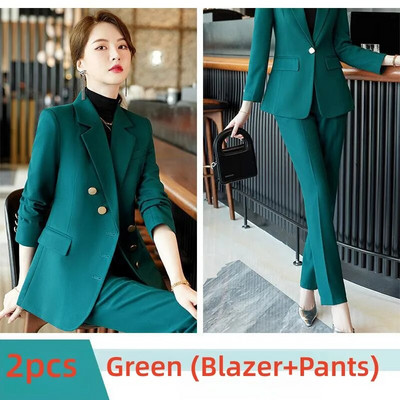 Elegantiški moteriški oficialūs 2 dalių rinkiniai 2023 m. rudens, žiemos raudona, žalia, juoda švarko ir kelnių kostiumai biuro moteriškos darbo verslo kelnių rinkinys