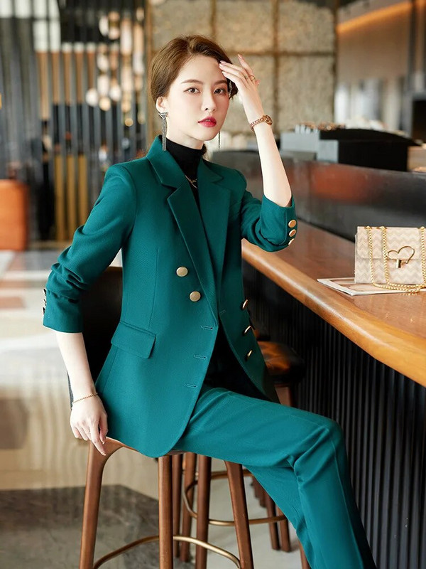 Elegantiški moteriški oficialūs 2 dalių rinkiniai 2023 m. rudens, žiemos raudona, žalia, juoda švarko ir kelnių kostiumai biuro moteriškos darbo verslo kelnių rinkinys