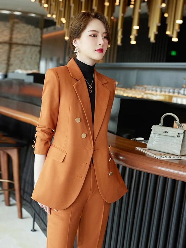 Elegantiški moteriški oficialūs 2 dalių rinkiniai 2023 m. rudens, žiemos raudona, žalia, juoda švarko ir kelnių kostiumai biuro moteriškos darbo verslo kelnių rinkinys