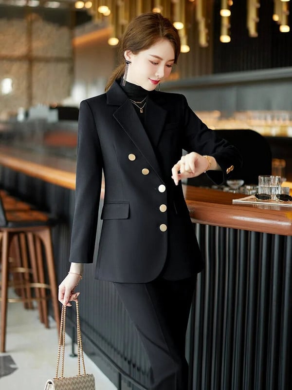 Elegantiški moteriški oficialūs 2 dalių rinkiniai 2023 m. rudens, žiemos raudona, žalia, juoda švarko ir kelnių kostiumai biuro moteriškos darbo verslo kelnių rinkinys