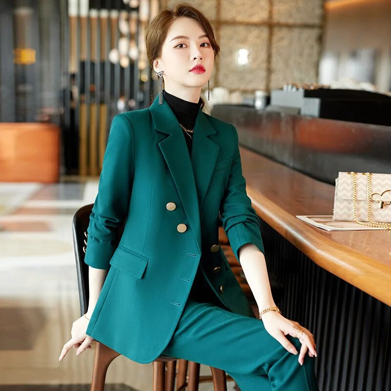 Elegantiški moteriški oficialūs 2 dalių rinkiniai 2023 m. rudens, žiemos raudona, žalia, juoda švarko ir kelnių kostiumai biuro moteriškos darbo verslo kelnių rinkinys