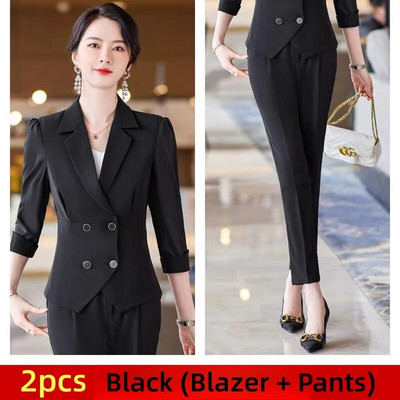 Elegantni ženski kompleti od 2 komada Bule bijeli crni kardigan sako sa do pola rukava + kompleti hlača Uredska ženska svečana radna odjeća Poslovni set