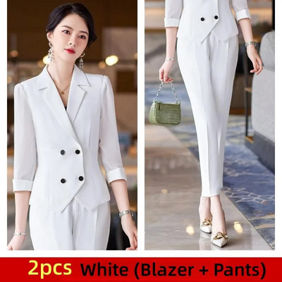Elegantni ženski kompleti od 2 komada Bule bijeli crni kardigan sako sa do pola rukava + kompleti hlača Uredska ženska svečana radna odjeća Poslovni set