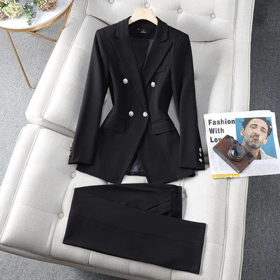 Jesen 2023. Ženski svečani dvodijelni set kaki bež crni uski sako i hlače Uredska radna radna odjeća Odijelo s hlačama