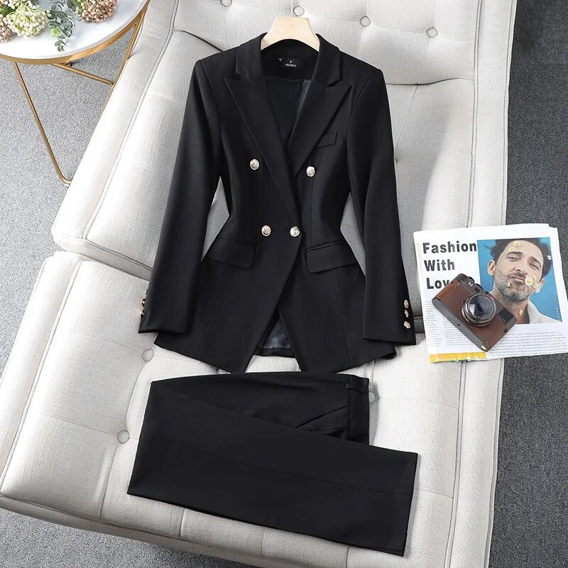 Jesen 2023. Ženski svečani dvodijelni set kaki bež crni uski sako i hlače Uredska radna radna odjeća Odijelo s hlačama